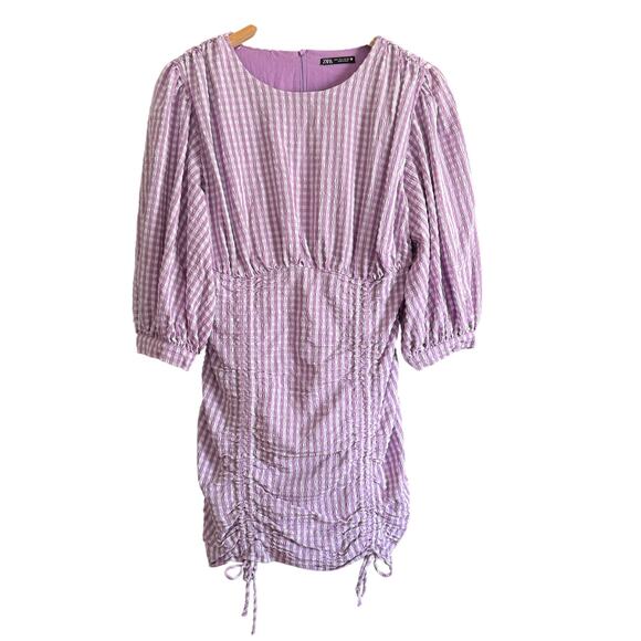 ZARA | Bloggers Favorite Lilac Purple Gingham Mini Dress Ruched Skirt |  Large - Picture 2 of 6